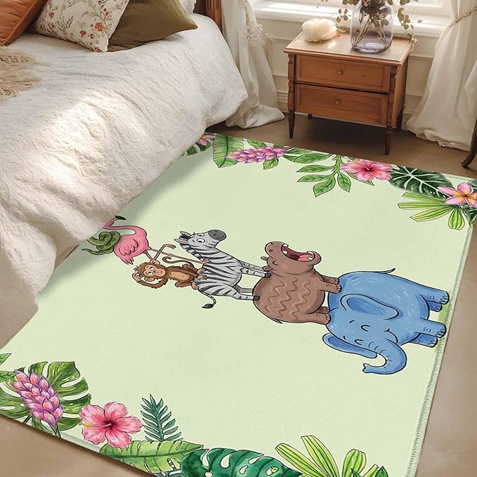 Area Rug 3x5ft, Funny Elephant Zebra Flamingo Washable Rugs for Living Room Bedroom, Tropical Leaves Floral Soft Non-Slip Area Rugs Rectangle Floor Carpet for Dining Room