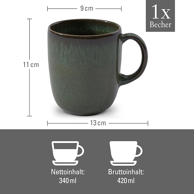 like. by Villeroy & Boch Lave Vert Mug Green, Dishwasher & Microwave-Safe, Mug for Coffee, Tea & Cappuccino, Coffee Mug with a Handmade Look, Cup with a Reactive Glaze, Earthenware, 13.5 oz Capacity