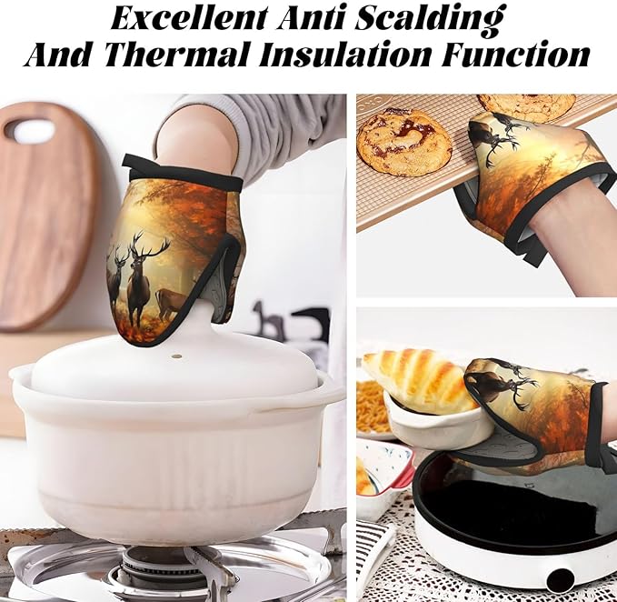 1 Pcs Mini Silicone Oven Mitts Deer Autumn Fall Heat Resistant Grill Gloves with Hanging Loop, Maple Leaves Trees Short Kitchen Mittens for Cooking Baking BBQ