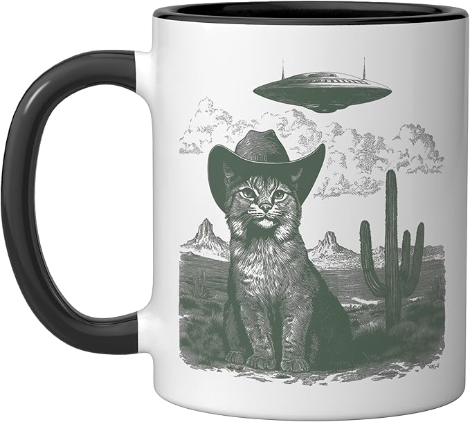Feline in Hat UFO Sighting Arid Wilderness Cat Design Ceramic Mug, Black/White