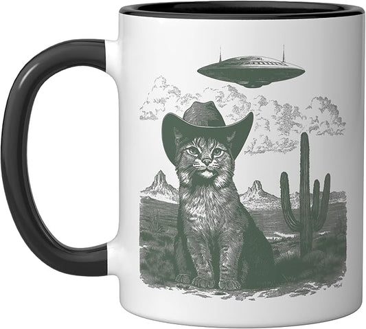 Feline in Hat UFO Sighting Arid Wilderness Cat Design Ceramic Mug, Black/White