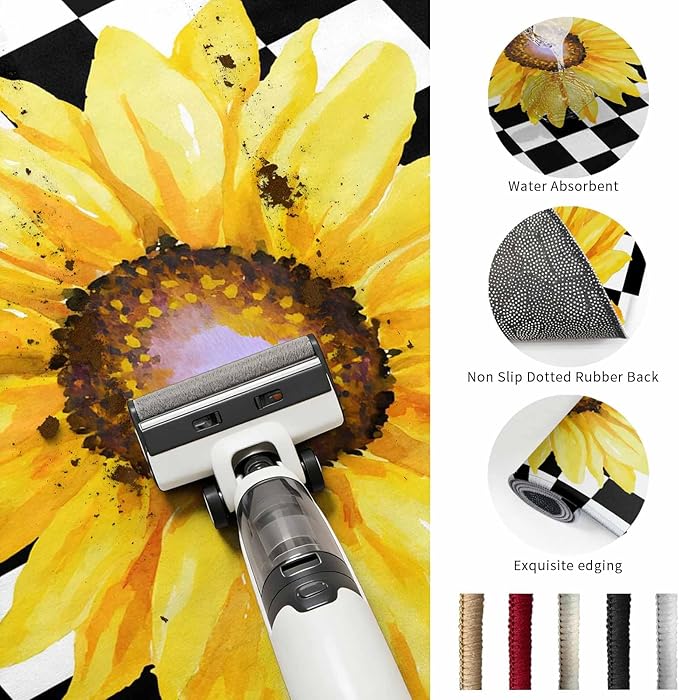 Area Rug 2x3ft, Watercolor Sunflower on Checkered Washable Rugs for Living Room Bedroom, Yellow Black White Soft Non-Slip Area Rugs Rectangle Floor Carpet for Dining Room
