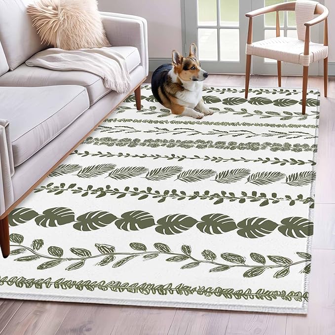 Area Rug 4x6ft, Summer Tropical Leaf Seamless Washable Rugs for Living Room Bedroom, Farmhouse Green Leaves Plant Soft Non-Slip Area Rugs Rectangle Floor Carpet for Dining Room