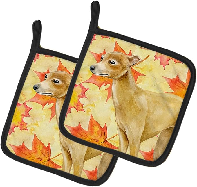 Caroline's Treasures BB9959PTHD Italian Greyhound Fall Pair of Pot Holders, Yellow Kitchen Heat Resistant Pot Holders Sets Oven Hot Pads for Cooking Baking BBQ, 7 1/2 x 7 1/2