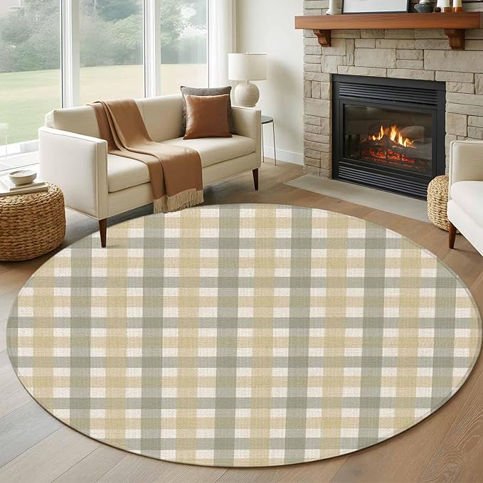 Washable Round Area Rug Farmhouse Vintage Beige Tan Buffalo Plaid Circle Rugs Floor Carpet for Living Room Bedroom, Rustic Linen Soft Non Slip Round Rug 5ft