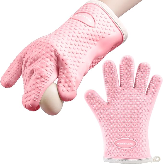 MAD SHARK Silicone Oven Mitts Heat Resistant 450°F,Waterproof & Non-Slip Oven Gloves with Fingers,Cotton Lined Silicone Oven Gloves Kitchen Mitts for Baking Cooking Barbecue,Women (Pink)