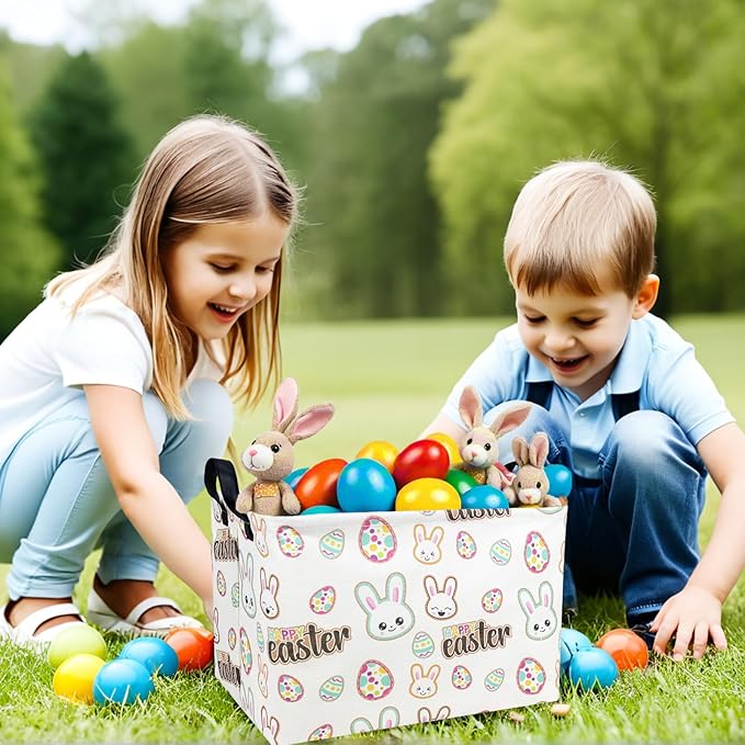 Kid Large Empty Easter Basket Personalized Fabric Bunny Easter Basket for Boy and Girl (Happy Rabbit Easter Egg)