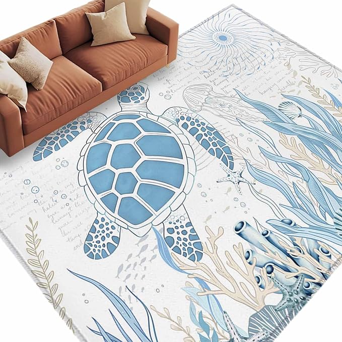 Area Rug 6x9ft, Blue Sea Turtles Stars Corals Washable Rugs for Living Room Bedroom, Vintage Marine Life Soft Non-Slip Area Rugs Rectangle Floor Carpet for Dining Room