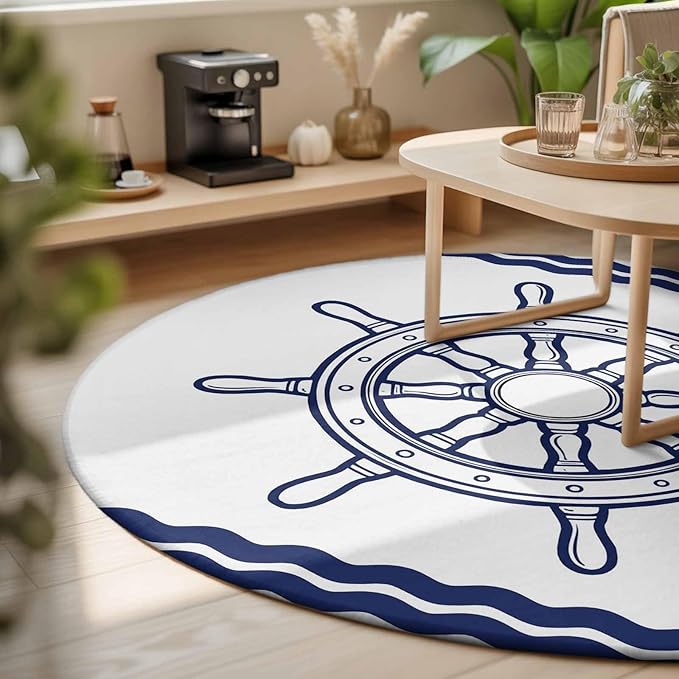 Washable Round Area Rug Summer Marine Nautical Ship Rudder Circle Rugs Floor Carpet for Living Room Bedroom, Ocean Theme Navy Blue White Soft Non Slip Round Rug 3ft
