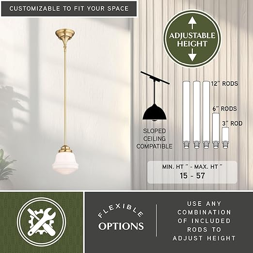 VAXCEL Huntley LED Compatible Gold Brass Farmhouse Mini Pendant Ceiling Light White Schoolhouse Glass