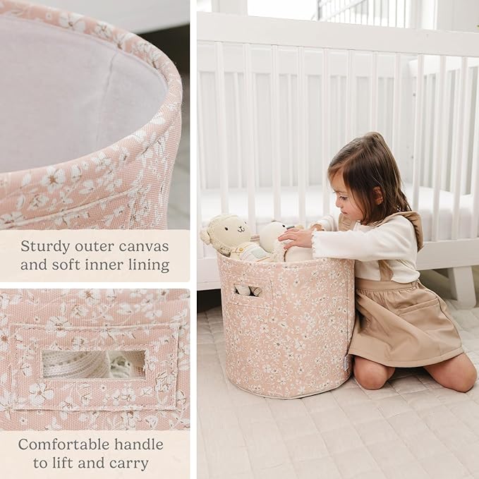 Sorrel + Fern Nursery Storage Basket (Fleurette), Soft Collapsible Fabric Toy Bin, Floral-Inspired Organizer for Playroom or Nursery, Gender-Neutral Decor, 13 × 13 Inches