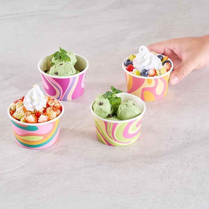 Restaurantware Paper Cups 200 Count 8 Ounce Square Disposable Ice Cream Containers, Leak-Resistant Paper Dessert To Go Cups, Hot And Cold Food, Durable Assorted Groove Swirl Design