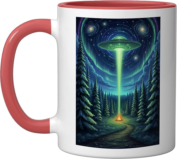 UFO in Forest Campfire Nature Camping Flying Saucer UAP Ceramic Mug, Red/White