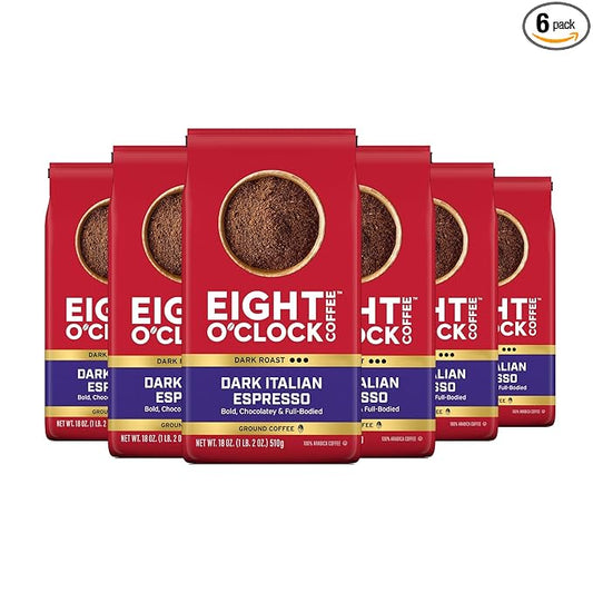 Eight O'Clock Coffee Dark Italian Espresso, Dark Roast, Ground Coffee, 100% Arabica, Kosher Certified, 18 Ounce (Pack of 6)