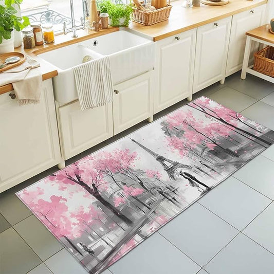 Runner Rug for Bedroom Hallway, Vintage Towel Couple Pink Flower Kitchen Runner Rugs Area Rug 2x6ft, Watercolor Modern City Scene Washable Soft Floor Carpet for Entryway Stair