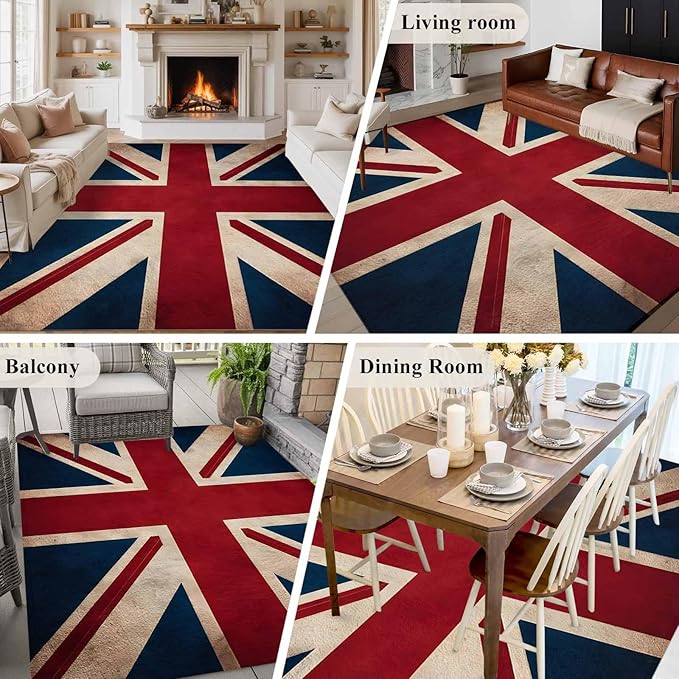Area Rug 6x9ft, Vintage Union Jack Flag Washable Rugs for Living Room Bedroom, Reerto Flags of The United Kingdom Soft Non-Slip Area Rugs Rectangle Floor Carpet for Dining Room