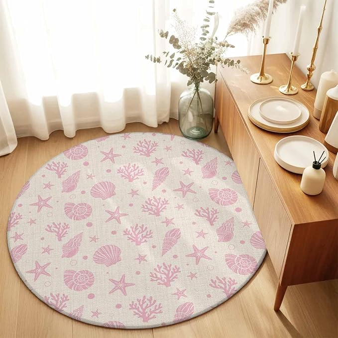 Washable Round Area Rug Ocean Pink Shell Coral Conch Circle Rugs Floor Carpet for Living Room Bedroom, Marine Starfish on Farm Burlap Soft Non Slip Round Rug 3ft