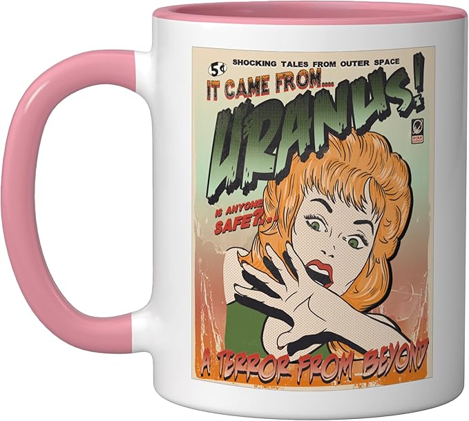 Ufo Flying Saucer Invasion 1950's Sience Fiction Abduction Ceramic Mug, Pink/White