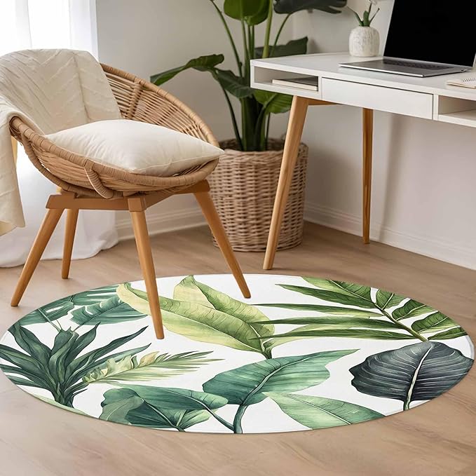 Washable Round Area Rug Summer Green Tropical Palm Leaves Circle Rugs Floor Carpet for Living Room Bedroom, Watercolor Plant Soft Non Slip Round Rug 4ft