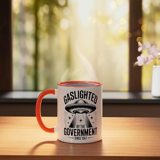 Gaslighted Government Since 1947 UFO Ceramic Mug, Orange/White