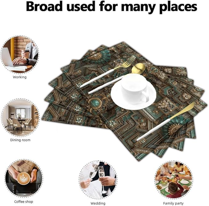 Table Mats Set of 6 Washable Baroque Style Placemats Heat Resistant Non-Slip Retro Metal Fixtures Place Mats Easy to Clean for Kitchen Dinning Restaurant, Bronze