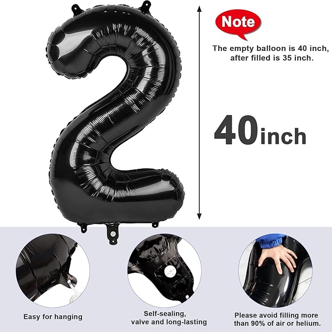 2 Numbers Balloon 40 Inch Black Two Balloon Number Birthday Decor, 2nd 12 21st Party Celebration Decorations Graduations Wedding Baby Shower
