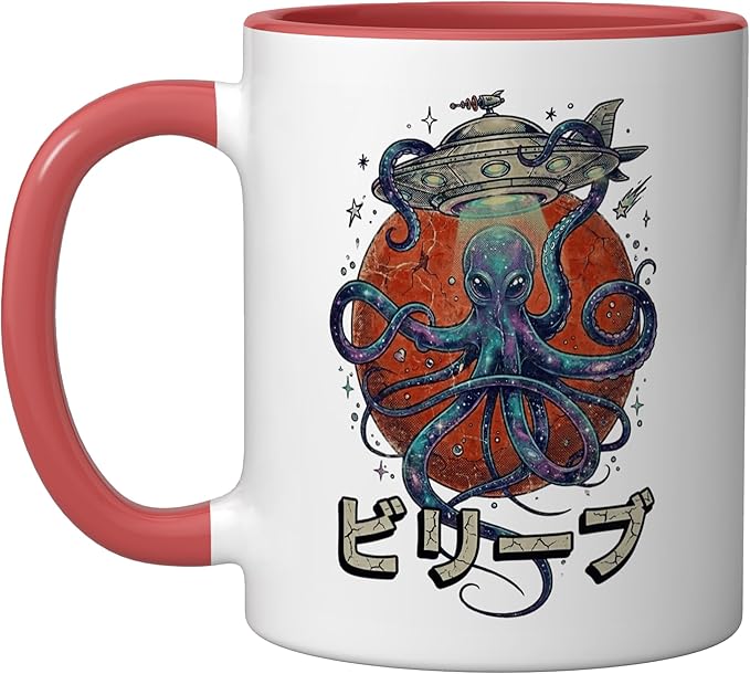 Retro Vintage Japanese Octopus Kraken Alien Planet Galaxy Ceramic Mug, Red/White