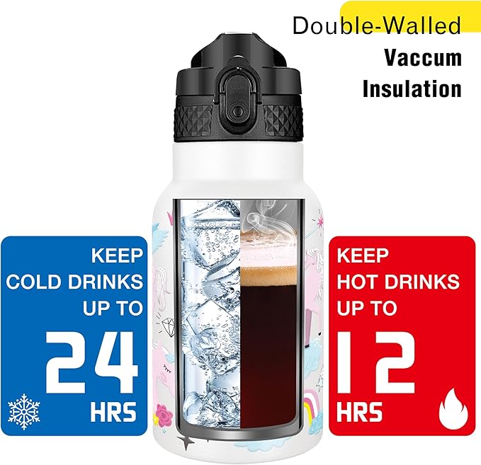 Han's Bottle Kids Water Bottle with Straw Lid - Insulated Stainless Steel Reusable Tumbler for Girls,Boys,Thermo Mug,12oz,Unicorns Girl