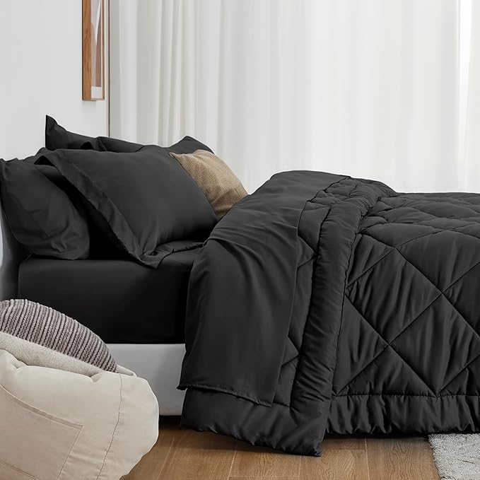 Love's cabin Full Comforter Set Black, 7 Pieces Full Bed in a Bag, All Season Bedding Sets with 1 Comforter, 1 Flat Sheet, 1 Fitted Sheet, 2 Pillowcase and 2 Pillow Sham | Soft, Breathable, Lightweight, Comfortable