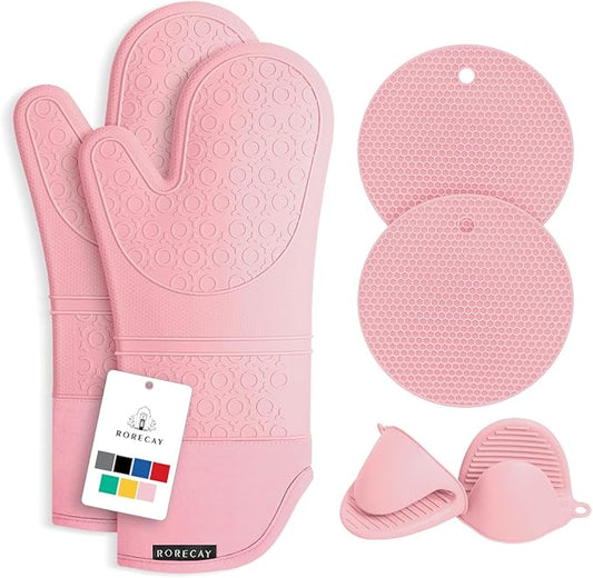 Rorecay 6pcs Oven Mitts and Pot Holders Sets for Kitchen, Extra Long Non-Slip Silicone Oven Gloves Heat Resistant 500 Degrees Potholders Hot Pads for Baking Cooking, Quilted Liner, Pink