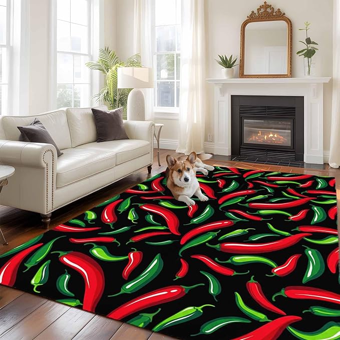 Area Rug 6x9ft, Spicy Chili Pepper Pattern Washable Rugs for Living Room Bedroom, Red Green Peppers on Black Soft Non-Slip Area Rugs Rectangle Floor Carpet for Dining Room