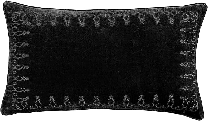 HiEnd Accents Stella Faux Silk Velvet Embroidered Lumbar Pillow, 14x24 inch, Black, Romantic Western Modern Traditional Style Luxury Bedding, Decorative Throw Pillow