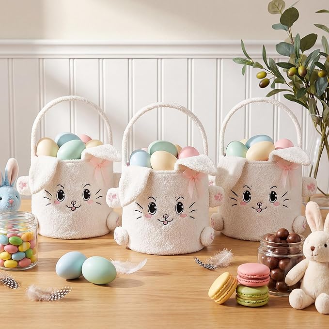 Mimorou 3 Pack Easter Basket Soft Plush Bunny Sherpa Personalized Bucket with Rabbit Ears Decorative Bow Large Bunny Tote Bags Ideal for Egg Hunt, Party Favors(White)