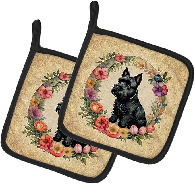 Caroline's Treasures Scottish Terrier and Flowers Pair of Pot Holders Kitchen Heat Resistant Pot Holders Sets Oven Hot Pads for Cooking Baking BBQ, 7 1/2 x 7 1/2