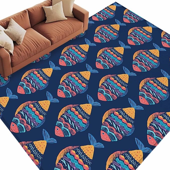 Area Rug 6x9ft, Ethnic Style Ocean Fish Washable Rugs for Living Room Bedroom, Watercolor Marine Life on Navy Blue Soft Non-Slip Area Rugs Rectangle Floor Carpet for Dining Room