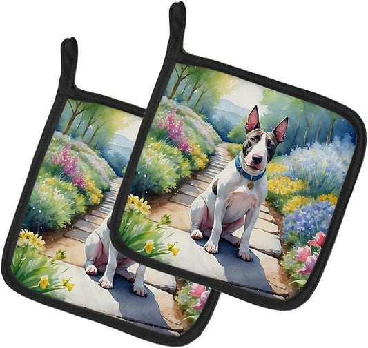 Caroline's Treasures Bull Terrier Spring Path Pair of Pot Holders Kitchen Heat Resistant Pot Holders Sets Oven Hot Pads for Cooking Baking BBQ, 7 1/2 x 7 1/2