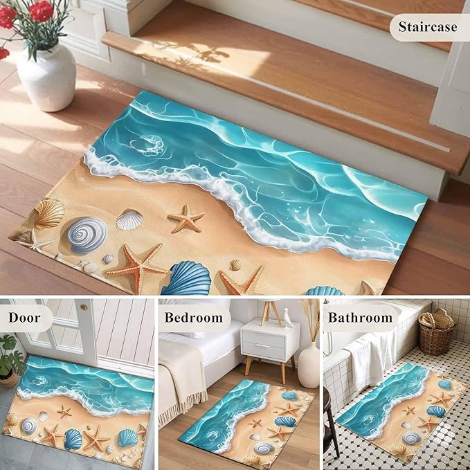 Area Rug 2x3ft, Summer Beach Shell Starfish Washable Rugs for Living Room Bedroom, Marine Life Cartoon Style Soft Non-Slip Area Rugs Rectangle Floor Carpet for Dining Room