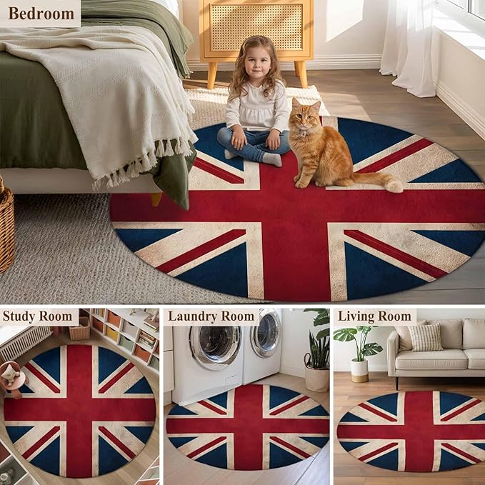 Washable Round Area Rug Vintage Union Jack Flag Circle Rugs Floor Carpet for Living Room Bedroom, Reerto Flags of The United Kingdom Soft Non Slip Round Rug 4ft