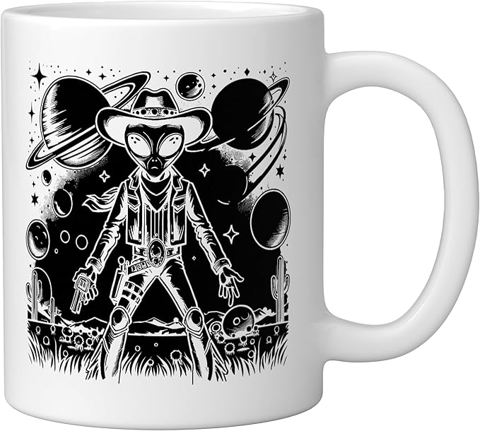 Alien Lover Flying Saucer UFO Extraterrestrial Cowboy Ceramic Mug, White