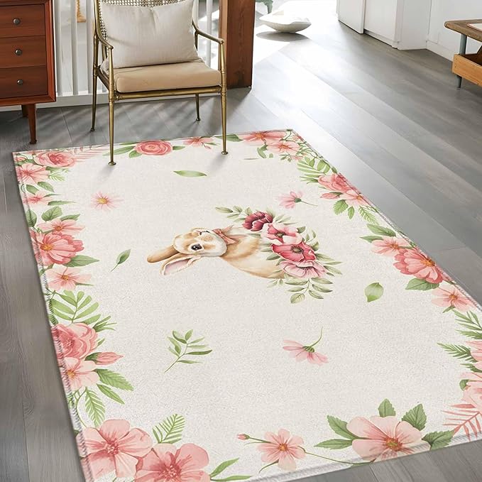 Area Rug 4x6ft, Retro Easter Rabbit on Linen Washable Rugs for Living Room Bedroom, Spring Pastoral Pink Flower Leaf Soft Non-Slip Area Rugs Rectangle Floor Carpet for Dining Room