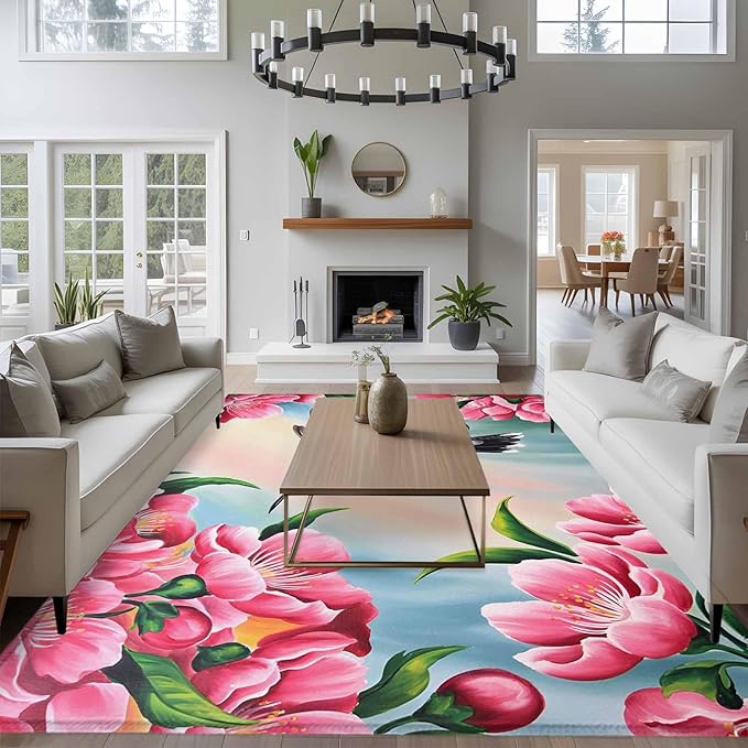 Area Rug 6x9ft, Hummingbird Flower Peach Blossom Washable Rugs for Living Room Bedroom, Nature Oil Painting Art Soft Non-Slip Area Rugs Rectangle Floor Carpet for Dining Room
