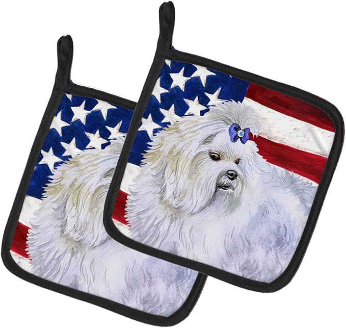 Caroline's Treasures BB9651PTHD Maltese Patriotic Pair of Pot Holders Kitchen Heat Resistant Pot Holders Sets Oven Hot Pads for Cooking Baking BBQ, 7 1/2 x 7 1/2