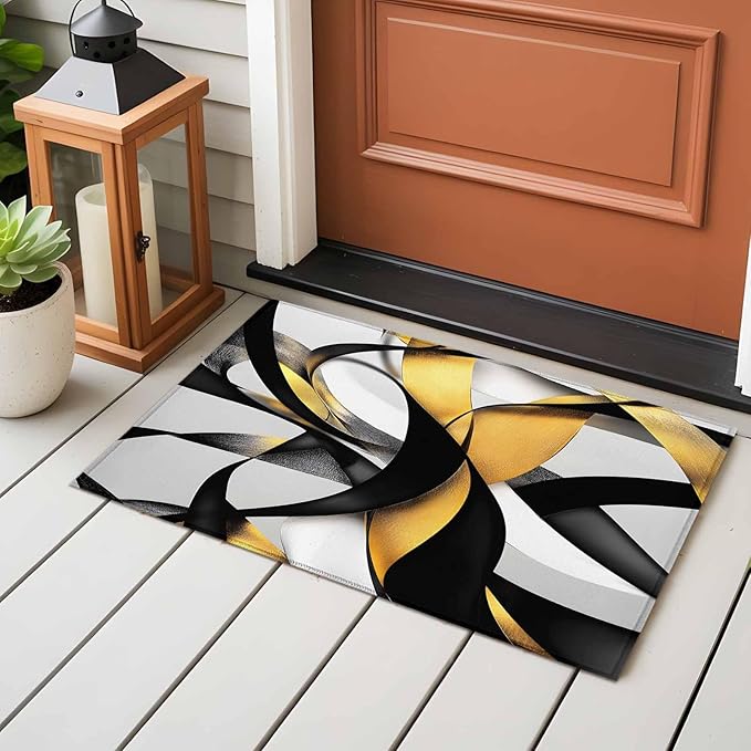 Area Rug 2x3ft, Modern Geometric Stripe Texture Washable Rugs for Living Room Bedroom, Abstract Gold Black White Line Soft Non-Slip Area Rugs Rectangle Floor Carpet for Dining Room