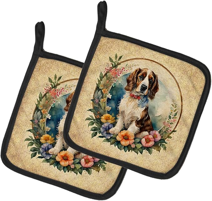 Caroline's Treasures Welsh Springer Spaniel and Flowers Pair of Pot Holders Kitchen Heat Resistant Pot Holders Sets Oven Hot Pads for Cooking Baking BBQ, 7 1/2 x 7 1/2