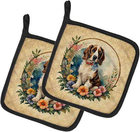 Caroline's Treasures Welsh Springer Spaniel and Flowers Pair of Pot Holders Kitchen Heat Resistant Pot Holders Sets Oven Hot Pads for Cooking Baking BBQ, 7 1/2 x 7 1/2