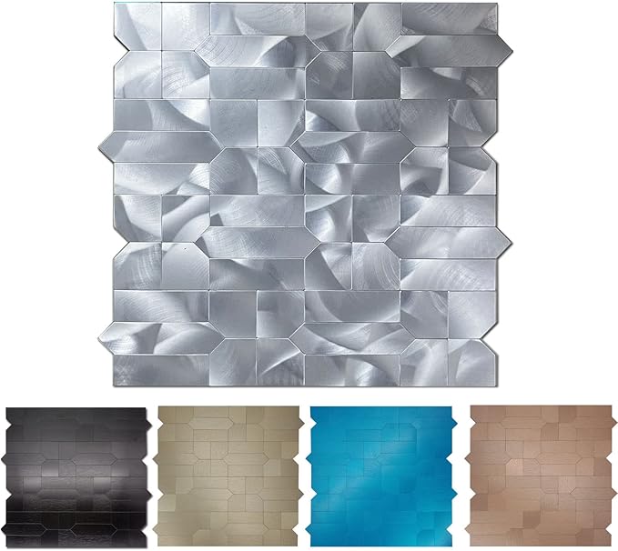XUANINY 5-Sheet Peel and Stick Metal Backsplash Tiles, Self Adhesive Multiple-Shapes Aluminum Mosaic 3D Wall Sticker for Kitchen Bathroom Decor (5, Silver)