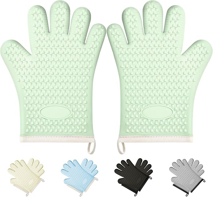 Silicone Oven Mitts Oven Gloves with Fingers, Oven Mitts Heat Resistant 450°F, Oven Mits Waterproof & Non-Slip, Cotton Lined for Kitchen, Home, Baking, BBQ, 2 Piece (Green)