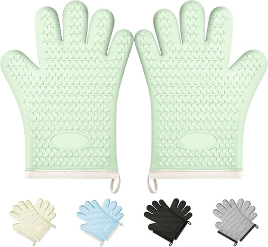Silicone Oven Mitts Oven Gloves with Fingers, Oven Mitts Heat Resistant 450°F, Oven Mits Waterproof & Non-Slip, Cotton Lined for Kitchen, Home, Baking, BBQ, 2 Piece (Green)
