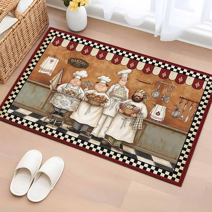 Area Rug 2x3ft, Farmhouse Cartoon Chef Washable Rugs for Living Room Bedroom, Cooking Theme Black White Checkered Soft Non-Slip Area Rugs Rectangle Floor Carpet for Dining Room