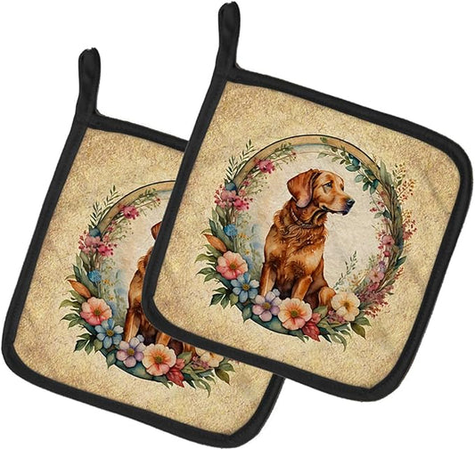 Caroline's Treasures Chesapeake Bay Retriever and Flowers Pair of Pot Holders Kitchen Heat Resistant Pot Holders Sets Oven Hot Pads for Cooking Baking BBQ, 7 1/2 x 7 1/2